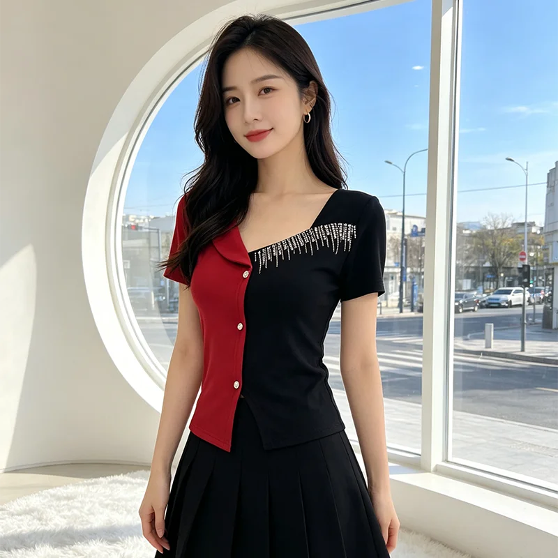Summer Women's Slim Fit Short Sleeve T-Shirt Color Block Waist Cinching Diamond Embellished Fashion Top round Neck Knitted Shirt