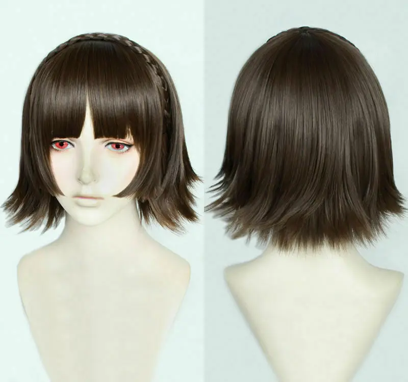 Peluca de pelo mezclado marrón para Cosplay Makoto Niijima