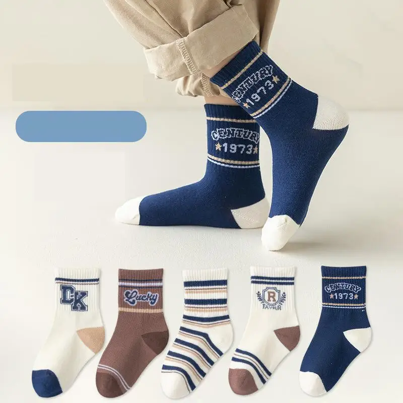 2024 Spring Fashion Boy Children Letter Print Breathable Sports Socks Girl Baby Cute Striped Cotton Socks Kid Casual Mid Socks