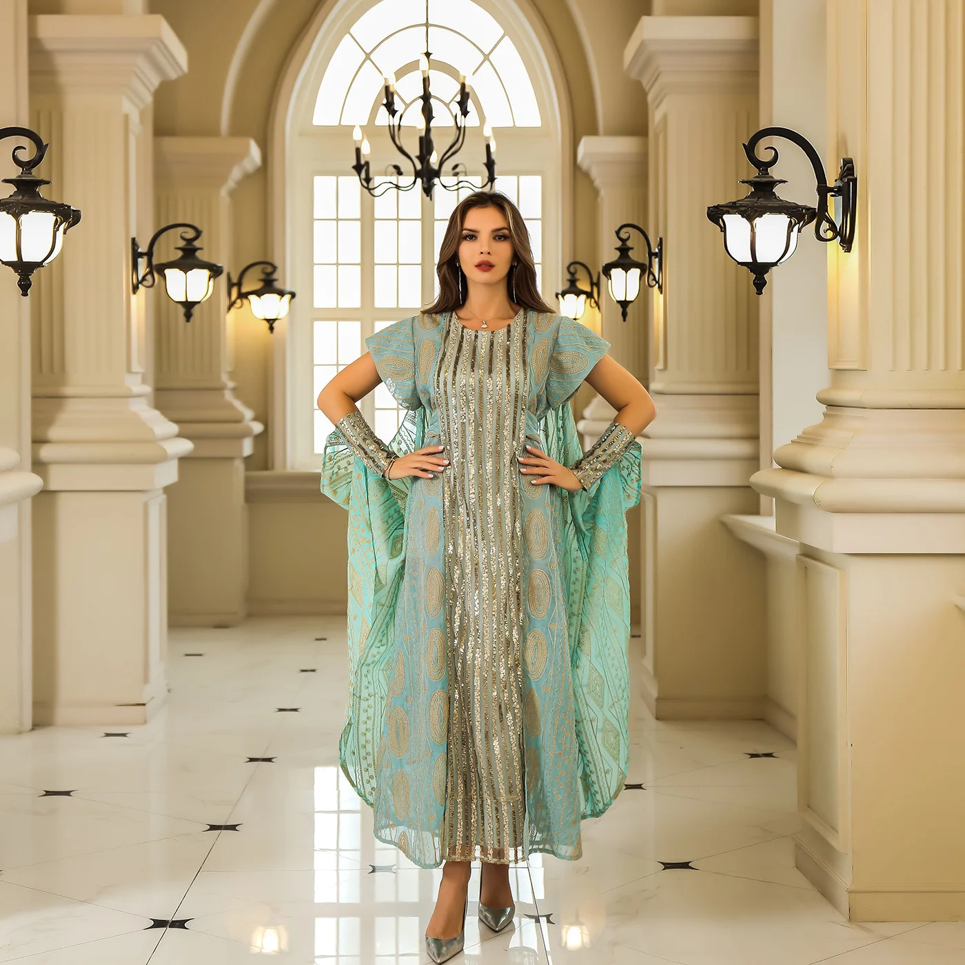 

Middle East Muslim Robe Women's Abaya Dubai Turkish Women's Robe Short Sleeve Dress Skinny Slim Temperament Clothing dance costu