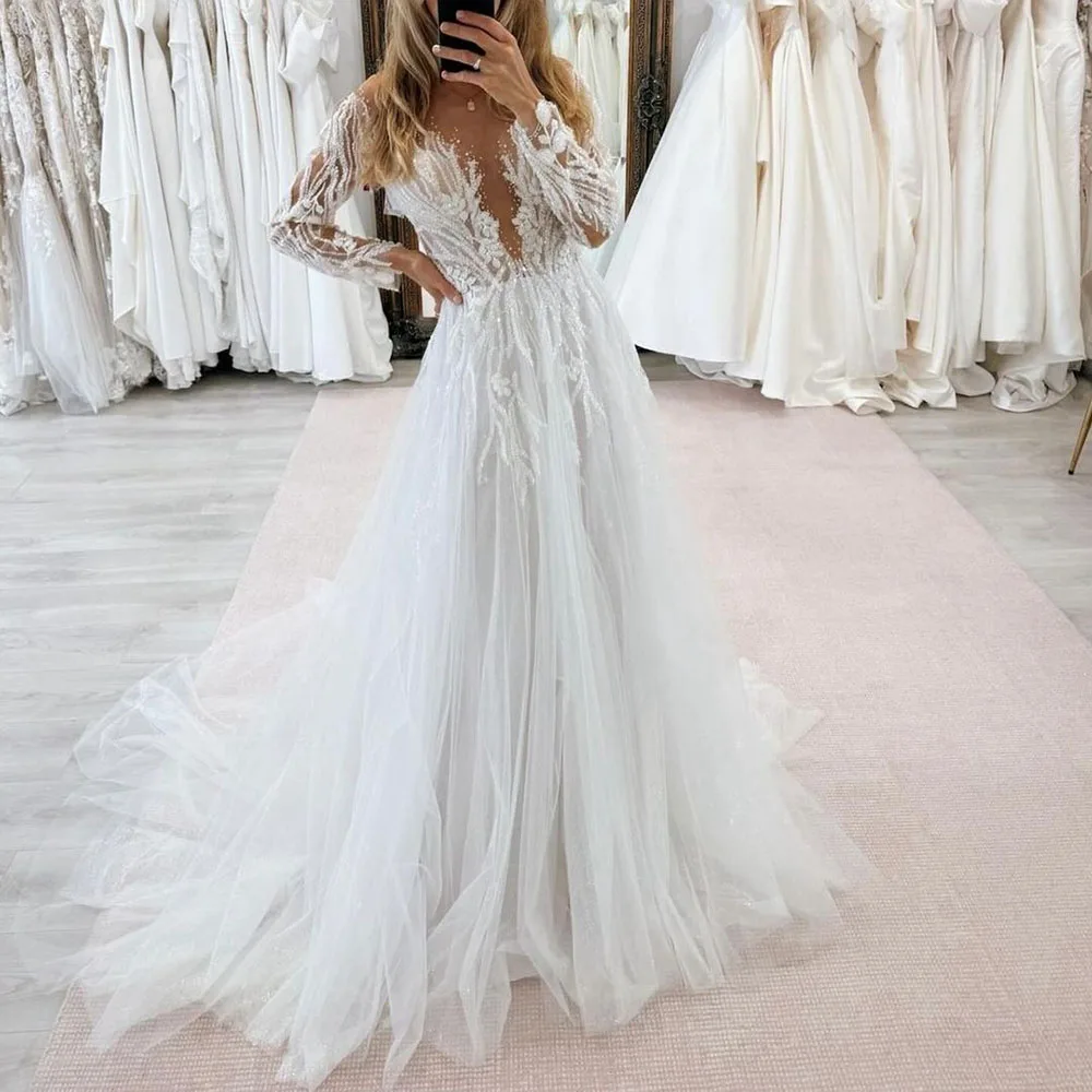 

Formal Wedding Dress 2025 for Bridal Luxury Appliques Organza Long Sleeve Backless Chaple Train V-Neck Crystal Bridal Dress
