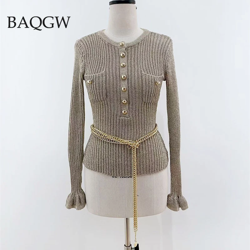 2025 AW 신상 여성용 골드 엘라스틱 풀오버 스웨터 라운드 넥 풀 플레어 슬리브 순색 니트 여성 상의