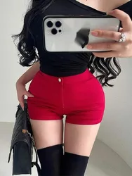 Korean Style High Waisted Elastic Waisted Elastic Denim Shorts Red Hot Sexy Mini Shorts 2024 New Slim Women Shorts SLO4