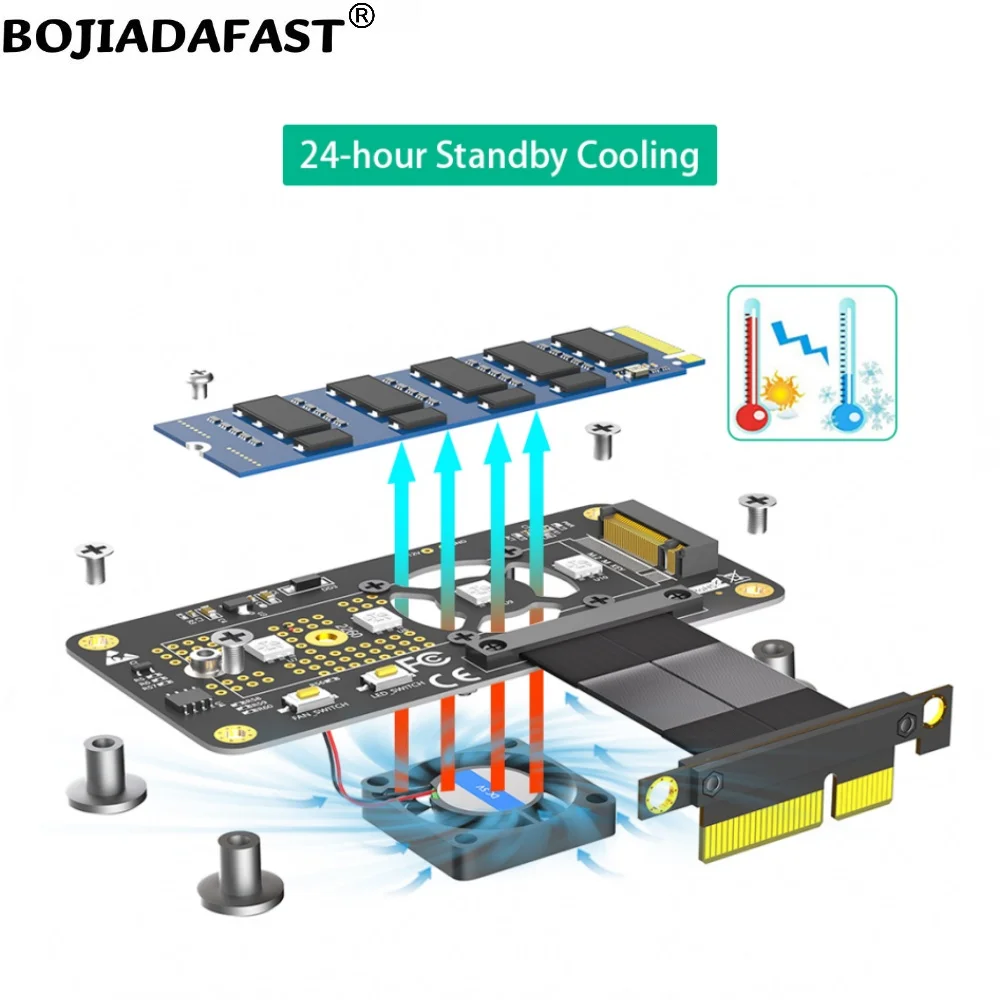 PCI-E 3.0 4X para NGFF M.2 Chave-M 2230 2242 2260 2280 NVME SSD Converter Adapter Card, Ventilador de refrigeração, Cabo de dados de alta velocidade, 50mm 5cm