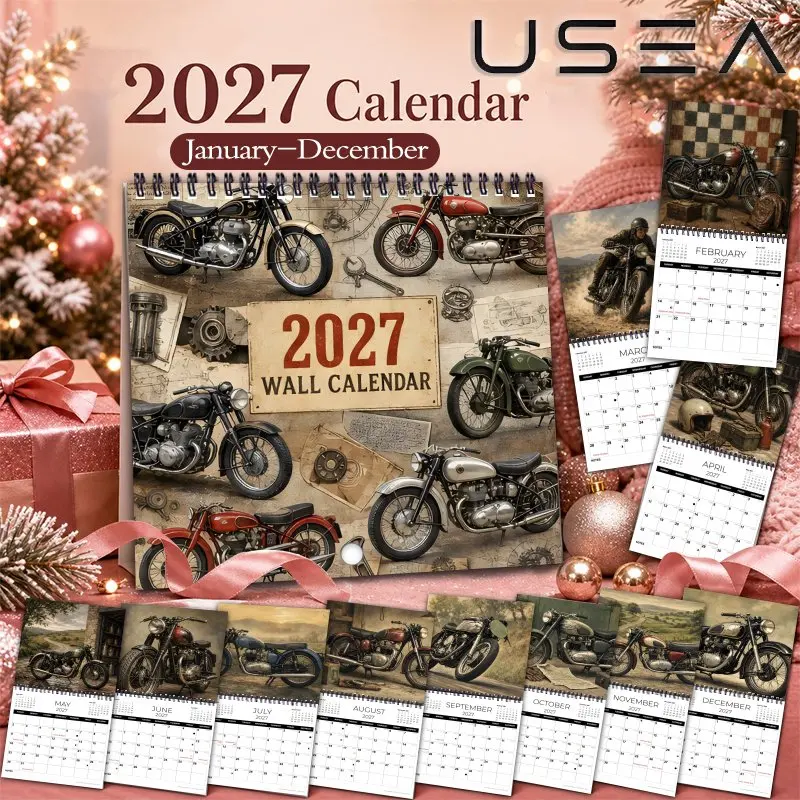 2027 Wall Calendar,Vintage Motorcycle Themed ,Large Writable Blocks, US Federal Holidays, Aesthetic Decor & Holiday Gift
