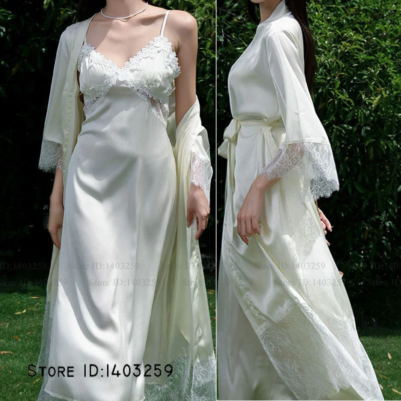 

Elegant Long Robe Nightgown Set Female Sleepwear Sexy Lace Lingerie Suspender Nightdress Spring Summer Ice Silk Homewear Pajama