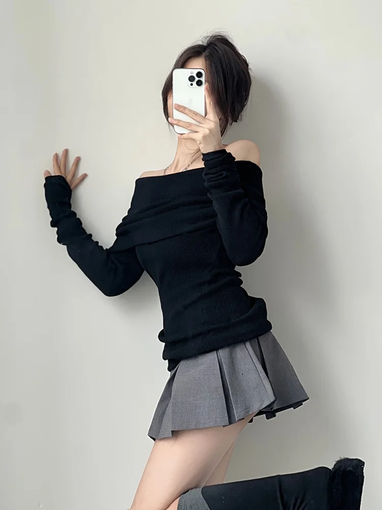 Retro Hong Kong Sle Sexy One oulder Large Collar Soft Cozy Long Sve Knitted Sweater Slim Fit Wine Red Spring Autumn