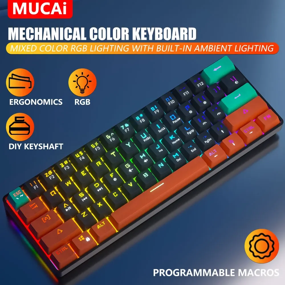 Mucai mka610s teclado mecânico para jogos usb, driver independente, interruptor vermelho programável, 61 teclas, cabo destacável com fio, luz rgb