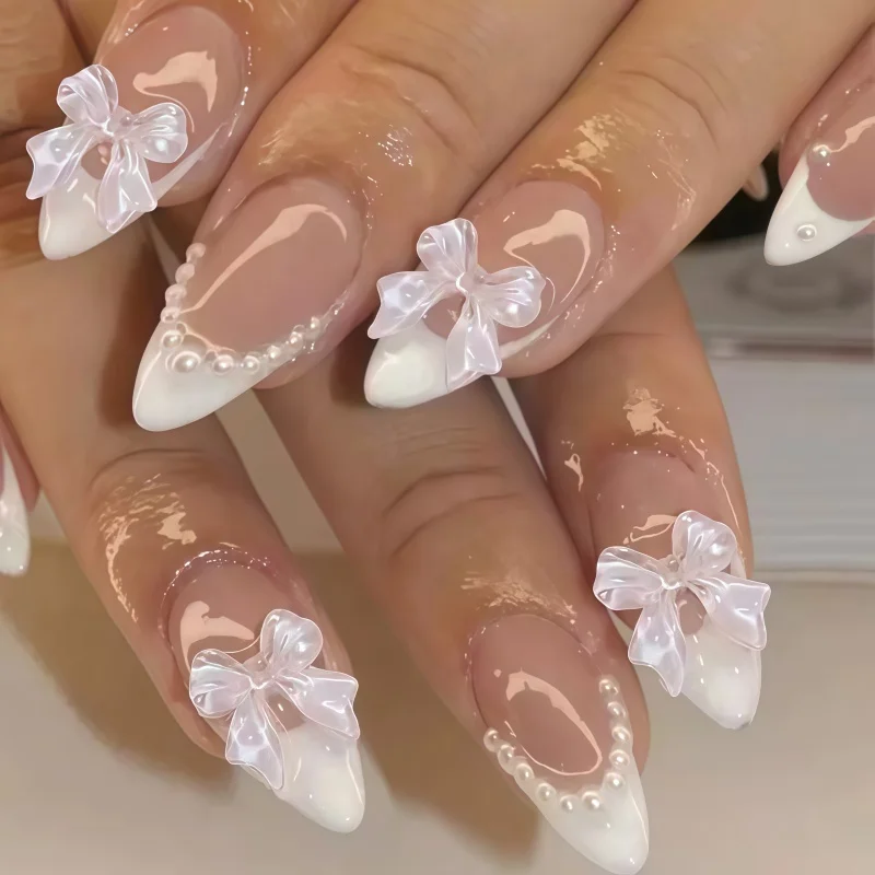 24PCS French-style manicured almond-shaped nail tips with bow decorations sweet fake nails completed manicure set