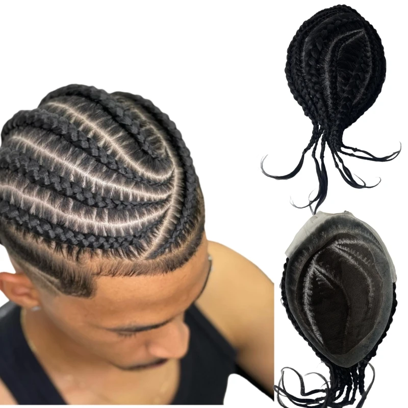 

Mongolian Virgin Human Hair Hairpieces 1b Black Cornrow Braids Toupee 8x10 Center Lace with PU Perimeter AUS Unit for Black Men