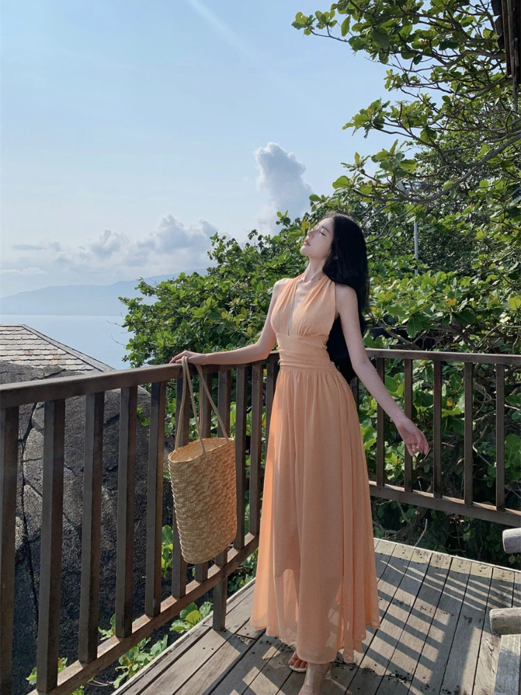 Abito lungo da spiaggia per le vacanze in Chiffon a trapezio con scollo a v profondo da donna Sexy senza maniche