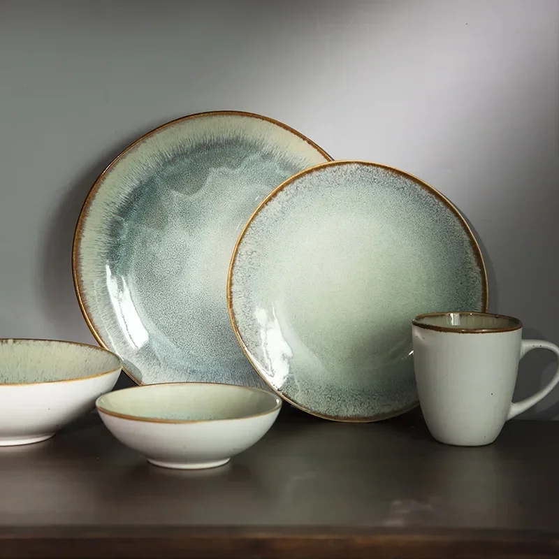 

Retro Kiln Change Ceramic Cup Bowl Plate Household Tableware Water Cup Vegetable Bowl Western Food Plate