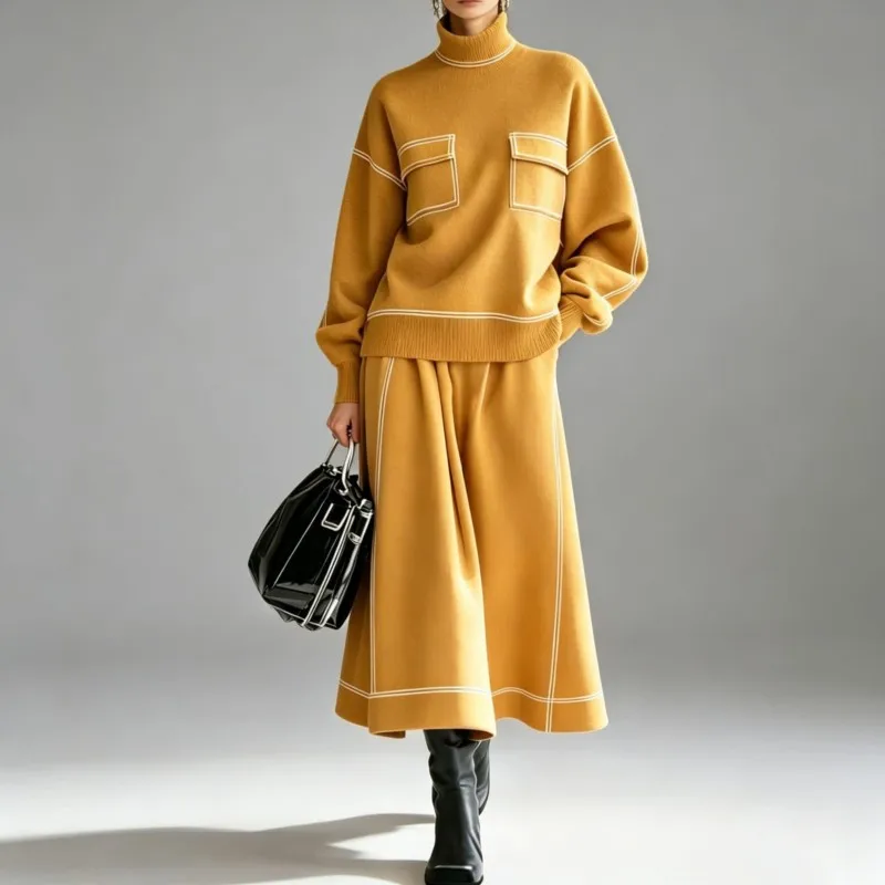 Fashion High Neck Pullover With Skirt Two-piece Set Women's Autumn Winter Warm Hoodie Suit New Chic Women's Loose Office Outfit
