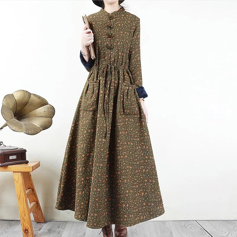 

Spring and Autumn New Retro Floral Dress with Plush Casual Fashion Korean Version Long Standing Collar Cotton Linen Long Dress