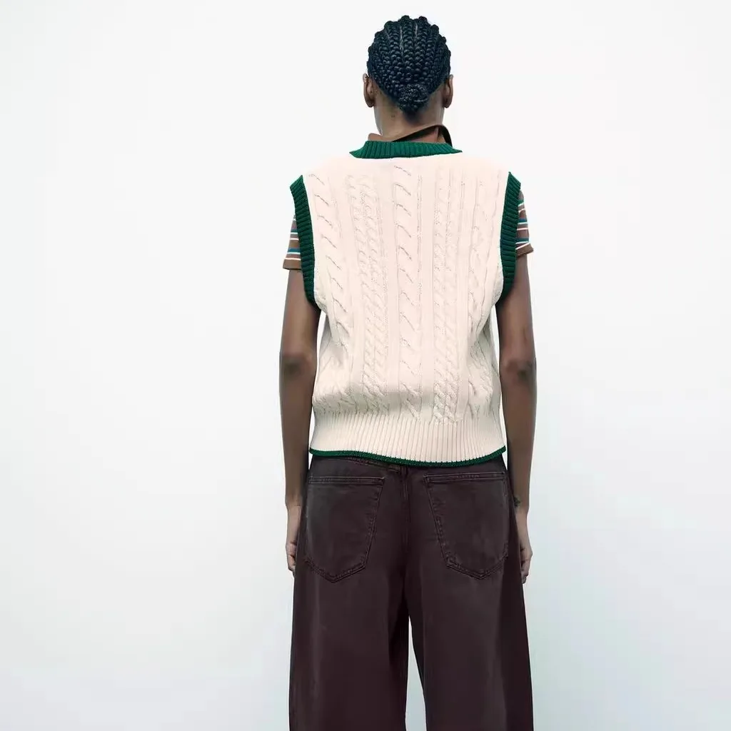 

New Autumn Winter Women's Knitted Vest Svel V-Ne Color Blo Cable Knit Faionable Versatile ort Length 67733