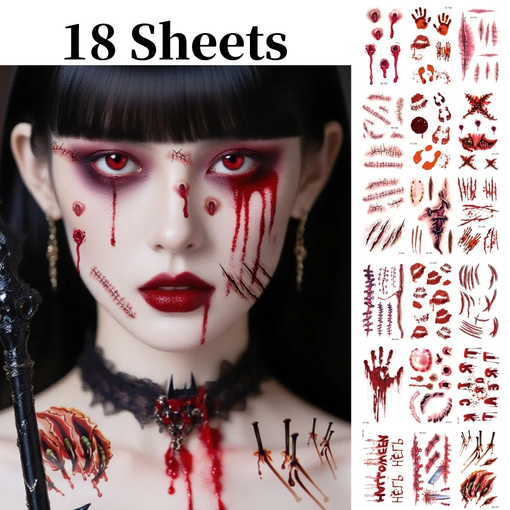 18 ورقة محاكاة المؤقتة وهمية الجرح الدموي ملصق واقعية الإرهاب الجرح هالوين حزب الوشم المؤقت