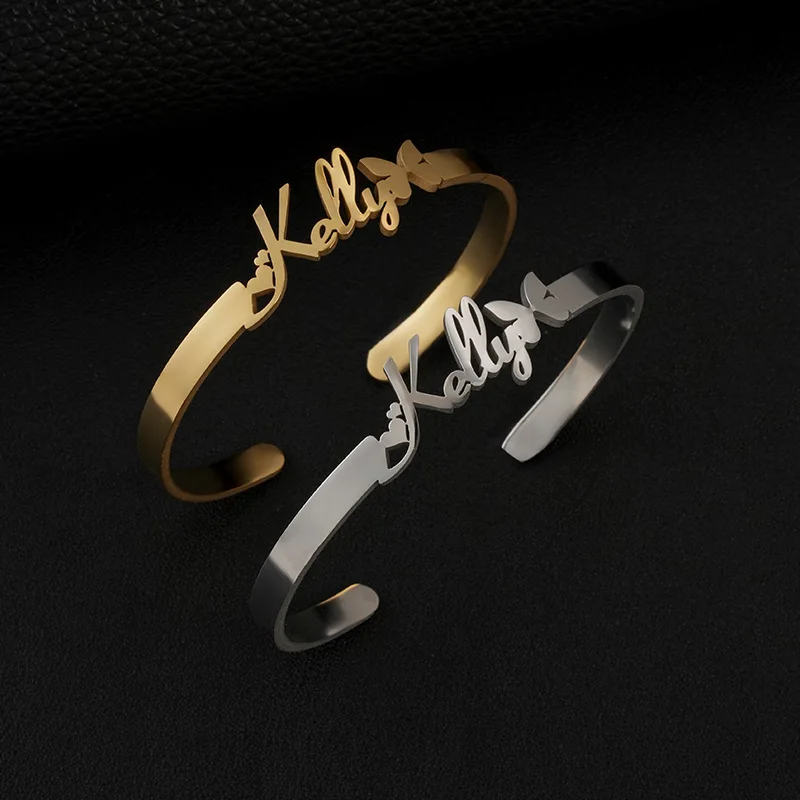 

Lateefah Personalized Jewelry Stainless Steel PVD Plated Custom Name Butterfly Pattern Design Opening Bangle