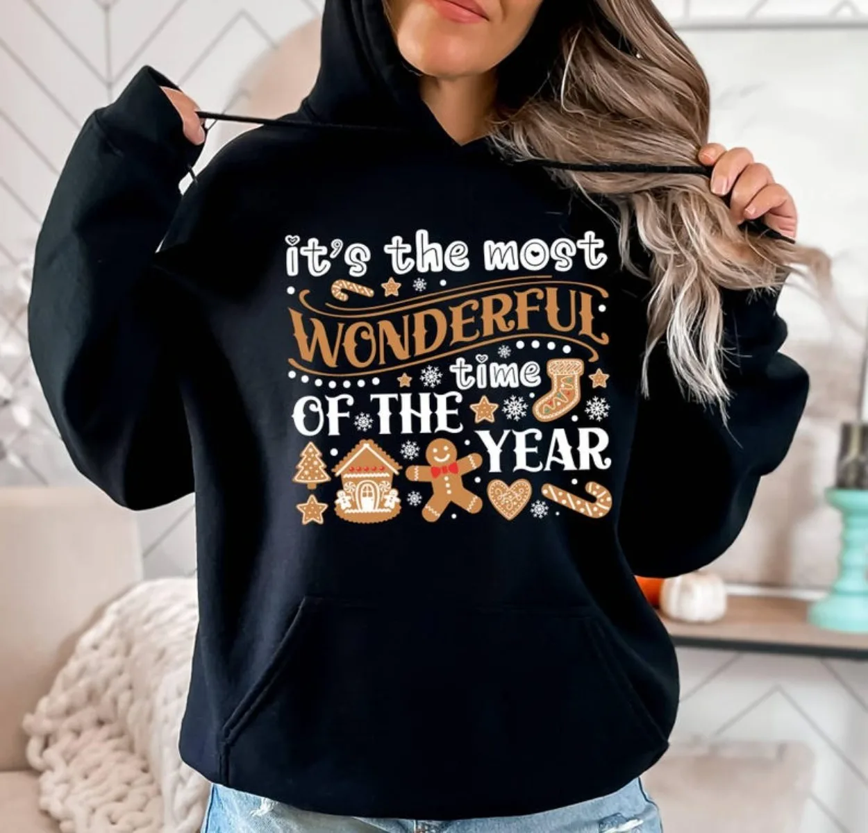 

Женская модная повседневная толстовка с капюшоном в виде пряников и Рождества, утолщенная флисовая толстовка с принтом, подходит для праздничных подарков