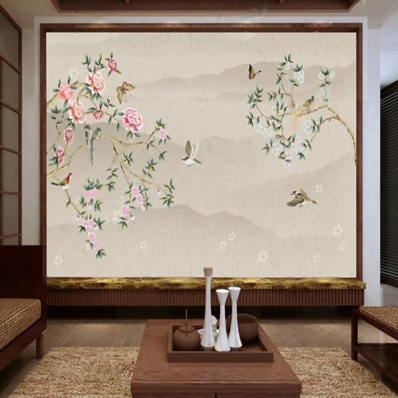 New Chinese-Style Hand-Painted Meticulous Flower-And-Bird Paintings Tree Branches Ink-Wash Landscape Clear TV Screen Murals