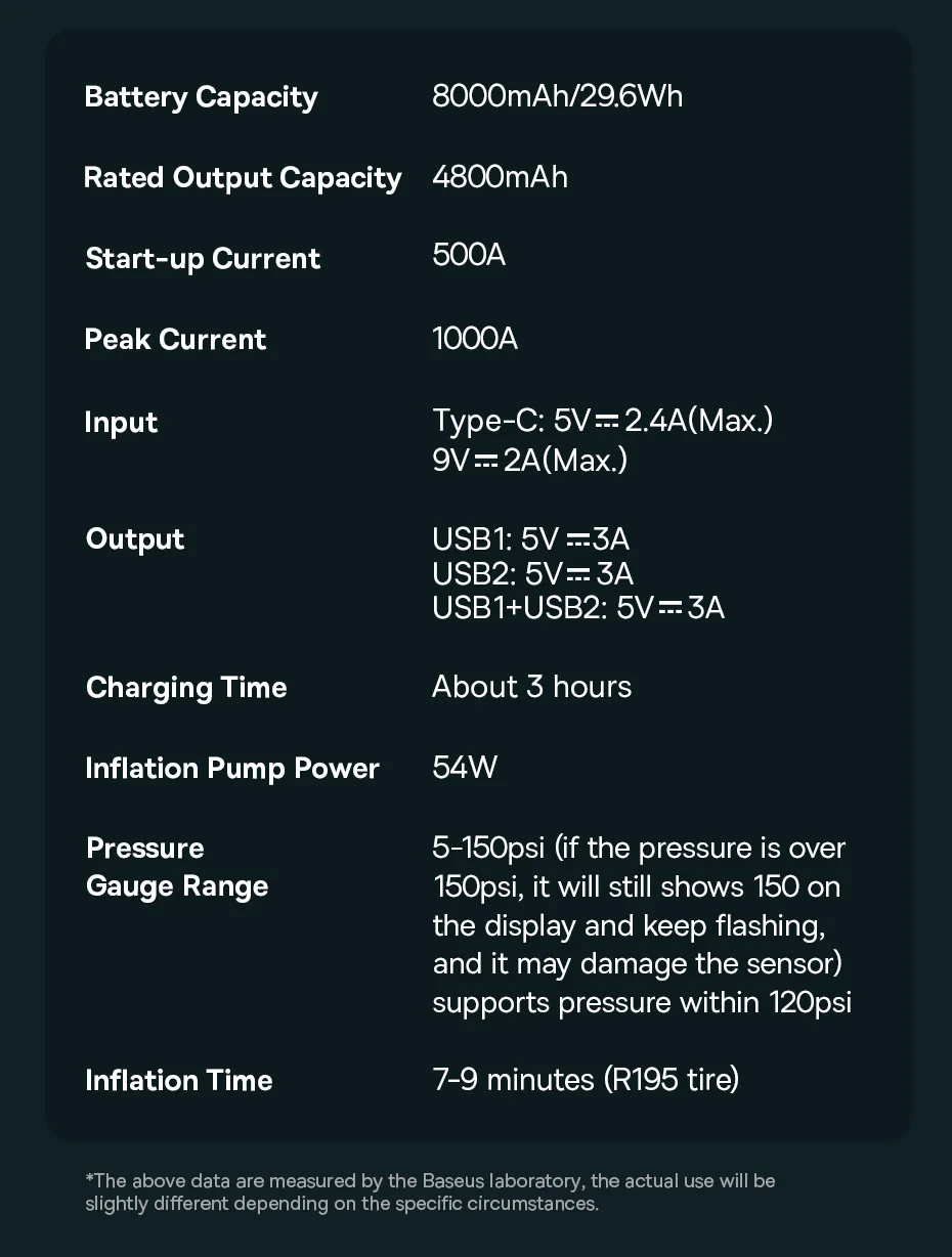 Baseus 1000A Auto-Starthilfe Powerbank 2-in-1 mit Luftpumpe, tragbarer Auto-Batterie-Booster für Notstartgeräte im Auto – Detail 26