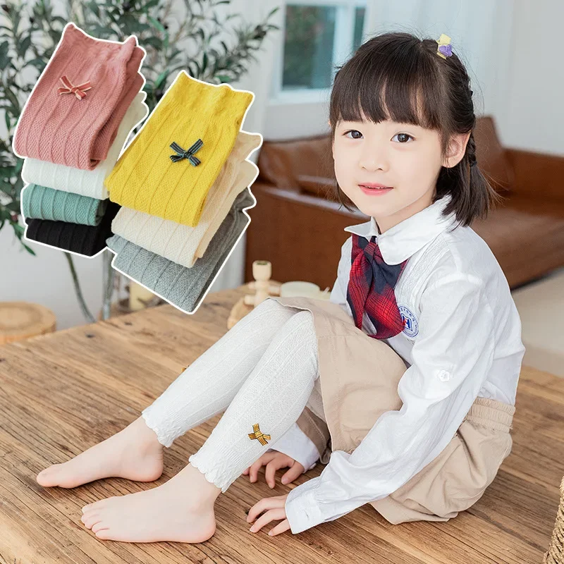 Girls Leggings Bow-Knot Children\'s Pants Candy Color Knitting Kids Trousers Elastic Baby Leggings Lace Cotton New Spring Autumn