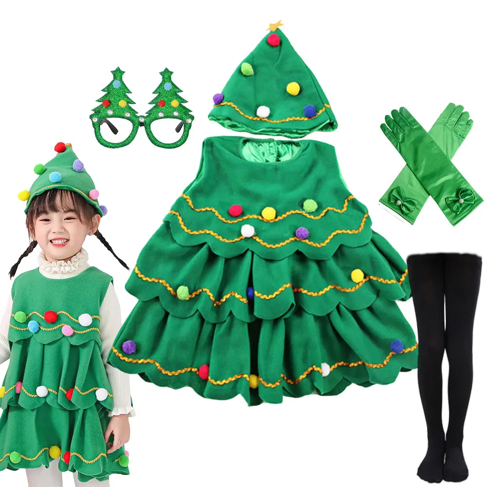 2024-2025 Ragazza Albero di Natale Costume Cosplay 2 Pezzi Set Vestito + Cappello Adorabile Festa di Natale Abbigliamento Bambino St. Nicolas Day Apparel