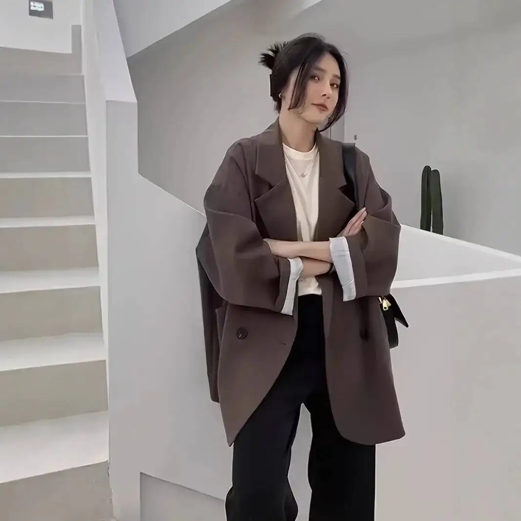 Laid-Back Style Women's Coffee Color Jacket Street Fashion Simple Loose Fit Spring Autumn New Arrival Single Piece Suit