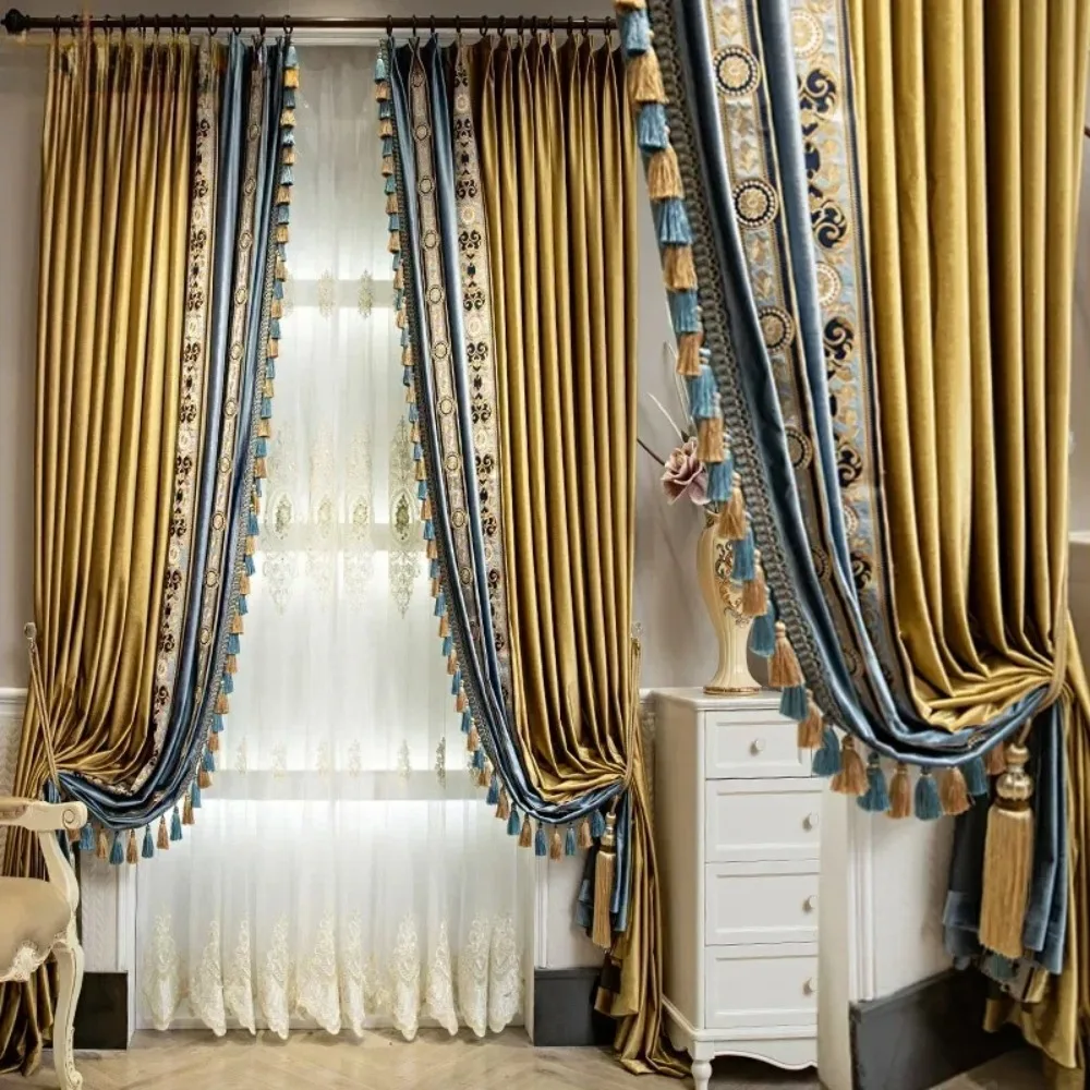 

High-end European-style luxury American-style golden and blue shading velvet curtains bedroom living room villa customization