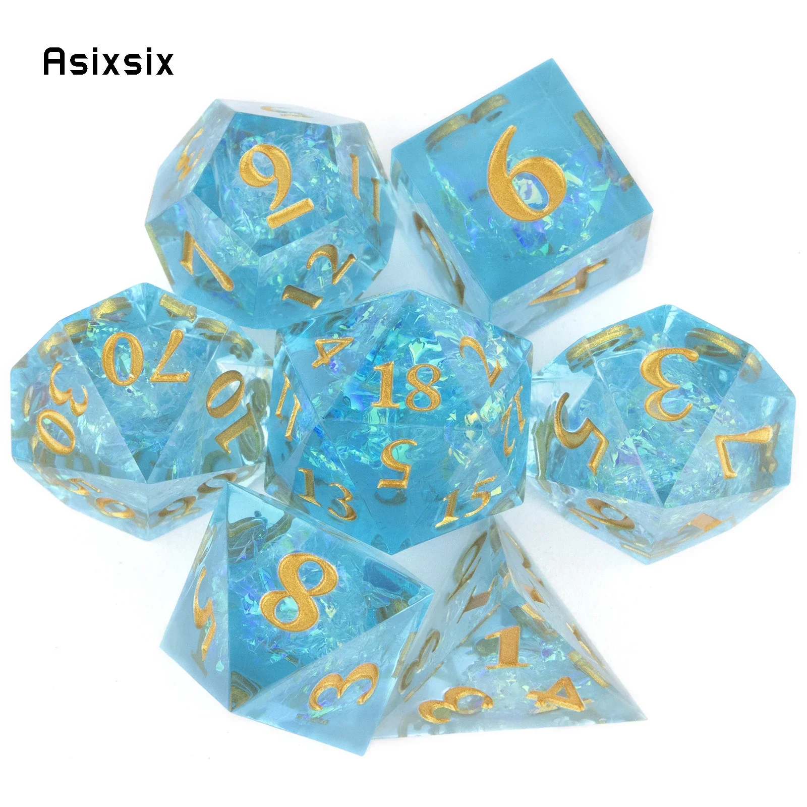 

7 Pcs Blue Resin Golden Number Sharp Edge Dice Polyhedral Dice Suitable for Role-Playing RPG Board Game