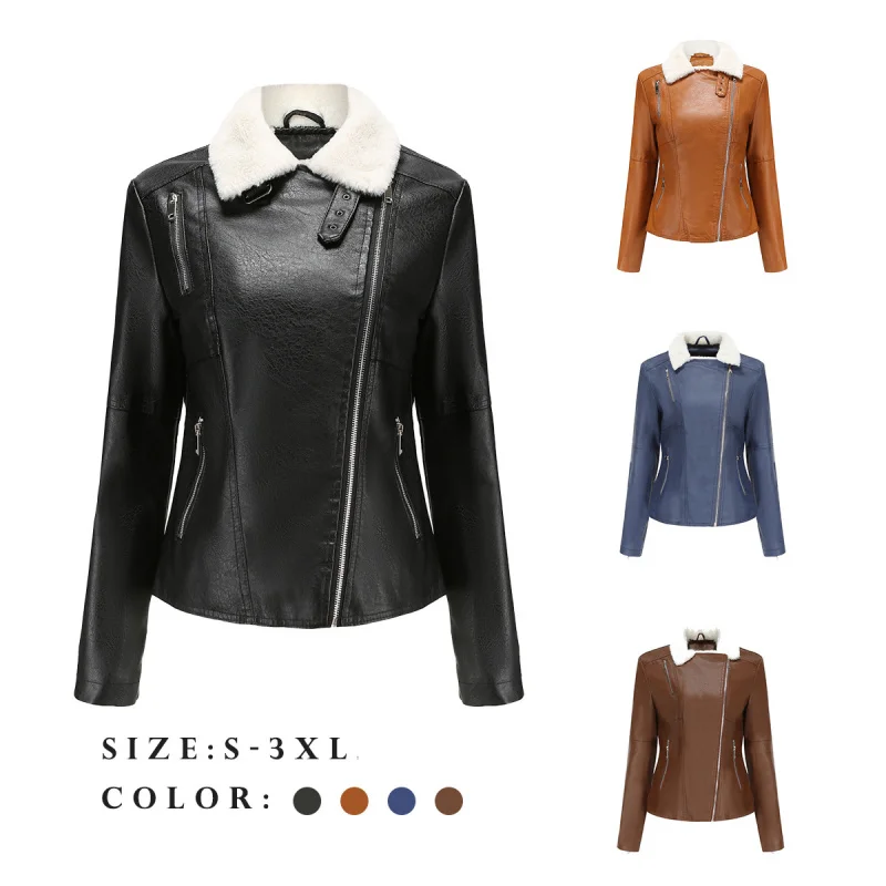Autumn Winter New Fur-Lined Leather Jacket for Women, Fleece-Lined Long Sleeve Warm Coat, Casual Size