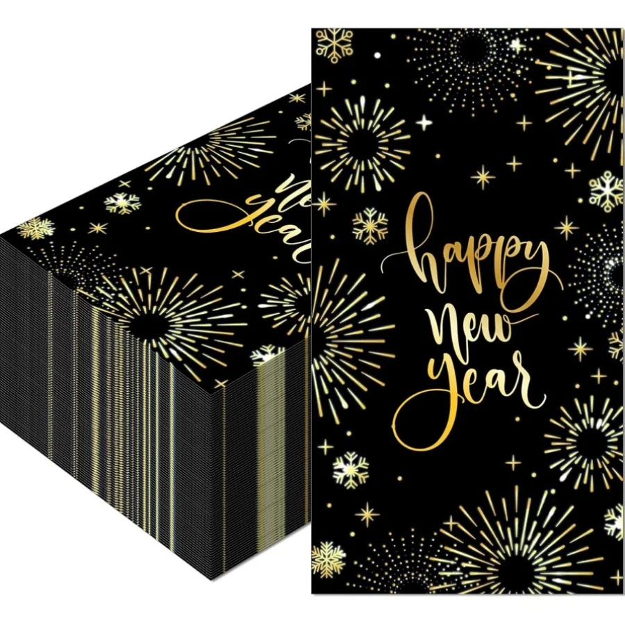 Frohes Neues Jahr, Servietten, Schwarz und Gold, Silvester, Einweggeschirr, Party-Tischdekoration, 2026, Neujahrsparty-Zubehör