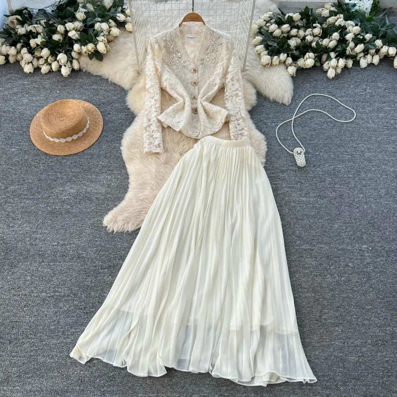 Elegant Embroidery 2 Piece Sets Women Outfits Autumn Clothing Women 2026 Lace Blazer Pleated Skirt Suit Chinese Style Dress Sets