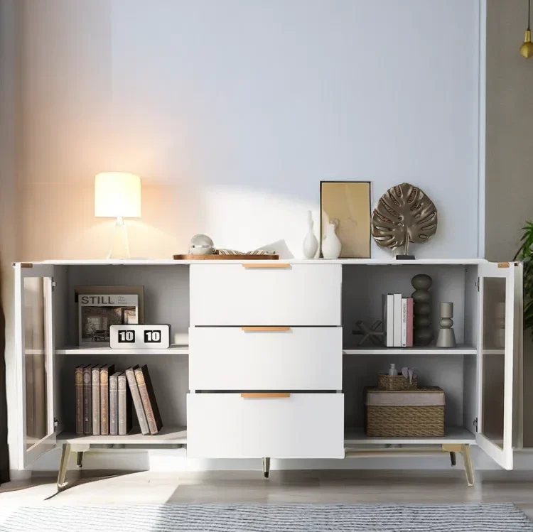 

#For Durable Tempered Glass Door Cupboard Sturdy Dining Room Furniture Easy-Assembly Sideboard Golden Legs Buffet Server