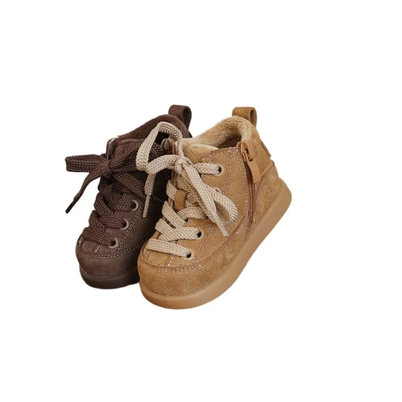 

Детские шерстяные теплые и толстые зимние сапоги, осенне-зимние корейские версии, ветрозащитные хлопковые сапоги с завязками для девочек, короткие сапоги для мальчиков