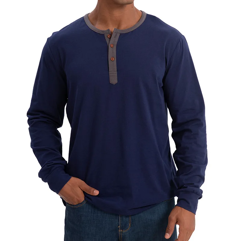 

American Men's Henry Shirt Round Neck Long Sleeve T-shirt Mens Pure Cotton T-shirt Top Loose Tshirts