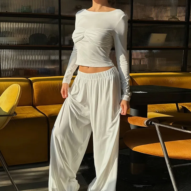 

Tuularose Women Pants 2-Piece Set Solid See-Through Twist Pullover Loose Pant Sets Casual Commuter Vacation Female Trouser Sets