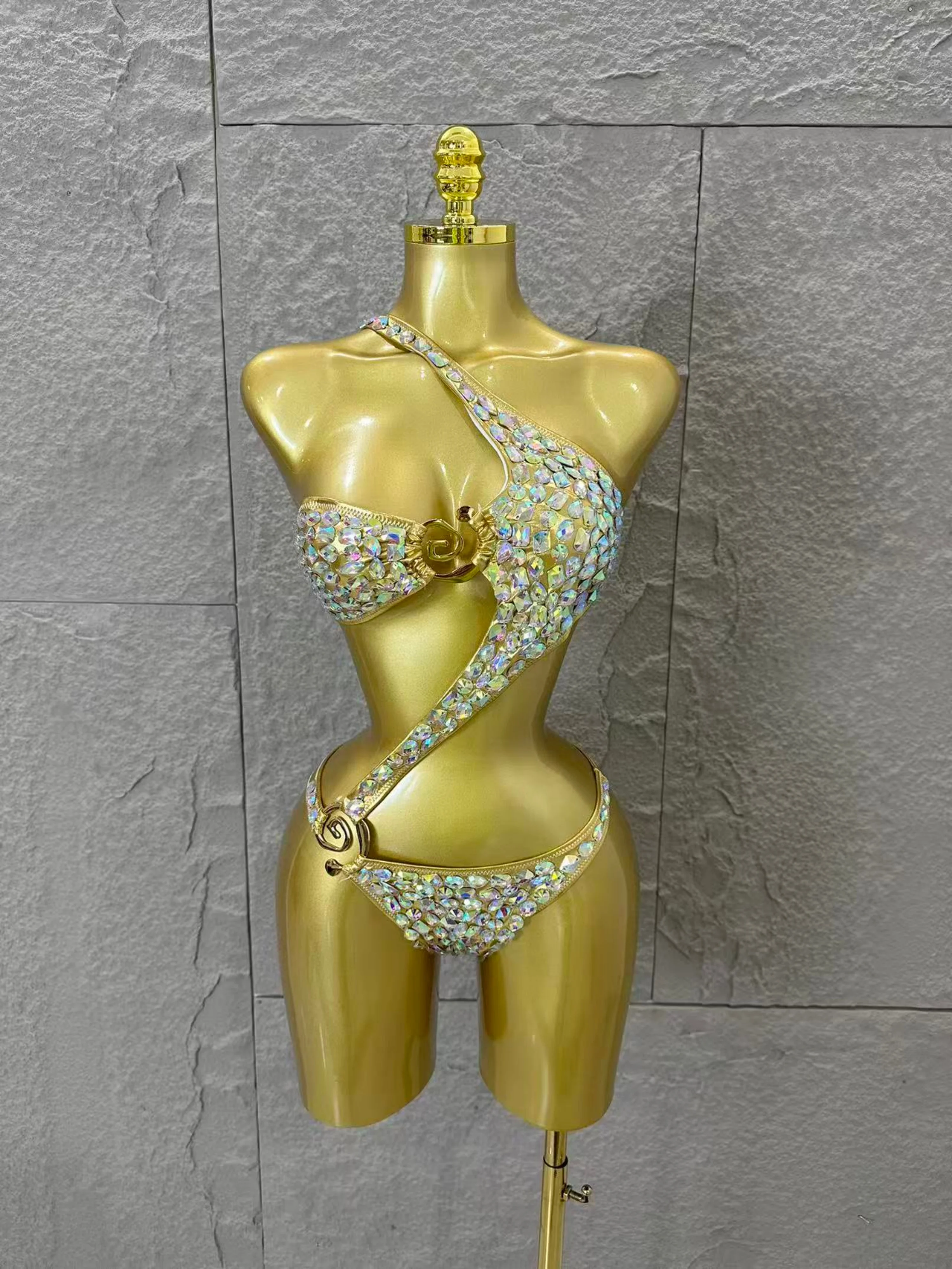 Gold Luxurious Black Bodysuit Women Sexy Halter Neck Iridescent Crystal Embellished Cutout Outfit Stage Performance Costume view 2