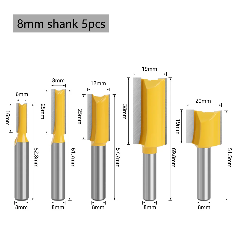 5PCS 8MM Shank Milling Cutter Wood Carving Straight Woodworking Router Bit Set Carpenter Milling 6/8/12/19/20mm Cutting Diameter