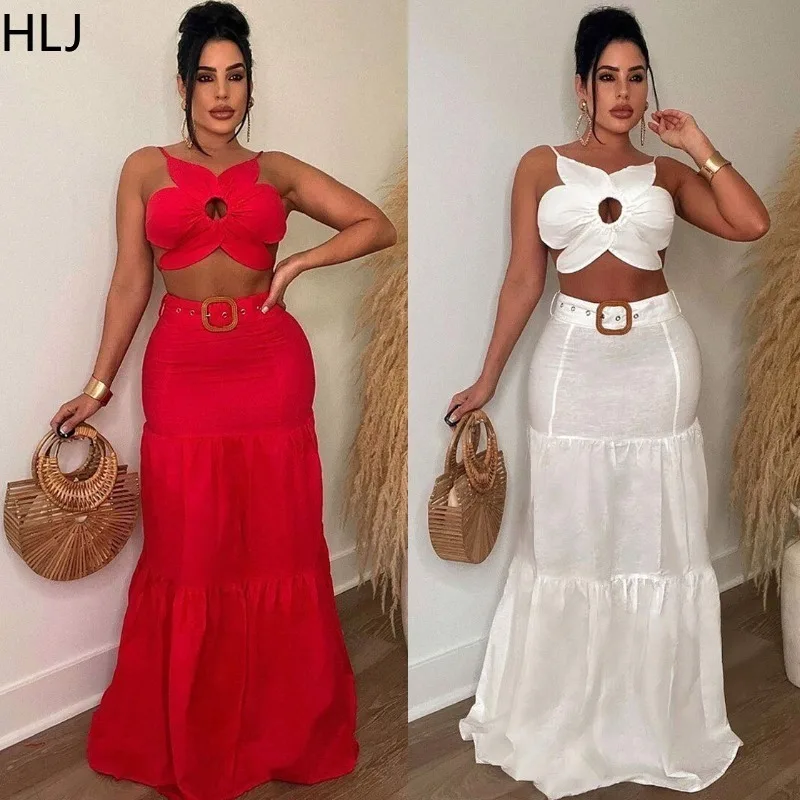 

HLJ Sexy Hollow Out Bodycon Strap Floral Crop Top + Big Swing Maxi Long Skirt Two 2 Piece Set Outfits Female Streetwear Clothing