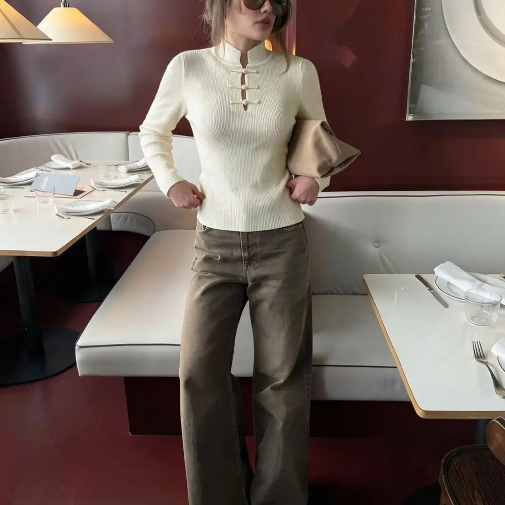 Slim Fit Knitted Pullover Womens Autumn Winter Mock Neck Long Sleeve French Vintage Design Elegant Casual Base Layer Top