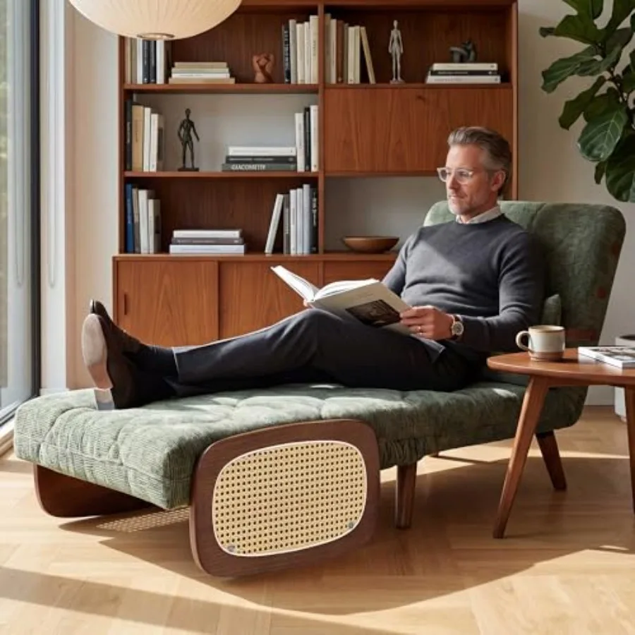 

Mid-Century Modern Sleeper Chair for Adults, 43.3" Oversized Single Sofa Bed, Space-Saving Chair Bed with Artisanal Rattan, 77"