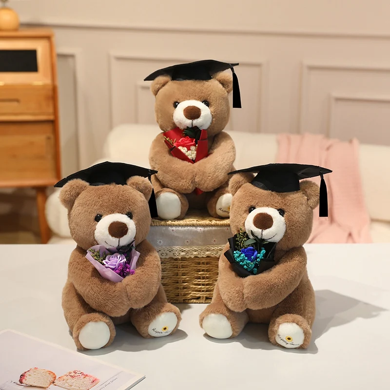28cm Cute Hat Bear Plush Toy Kawaii Animal With Sunflower Rose Plush Doll Student Graduation Season Gifts