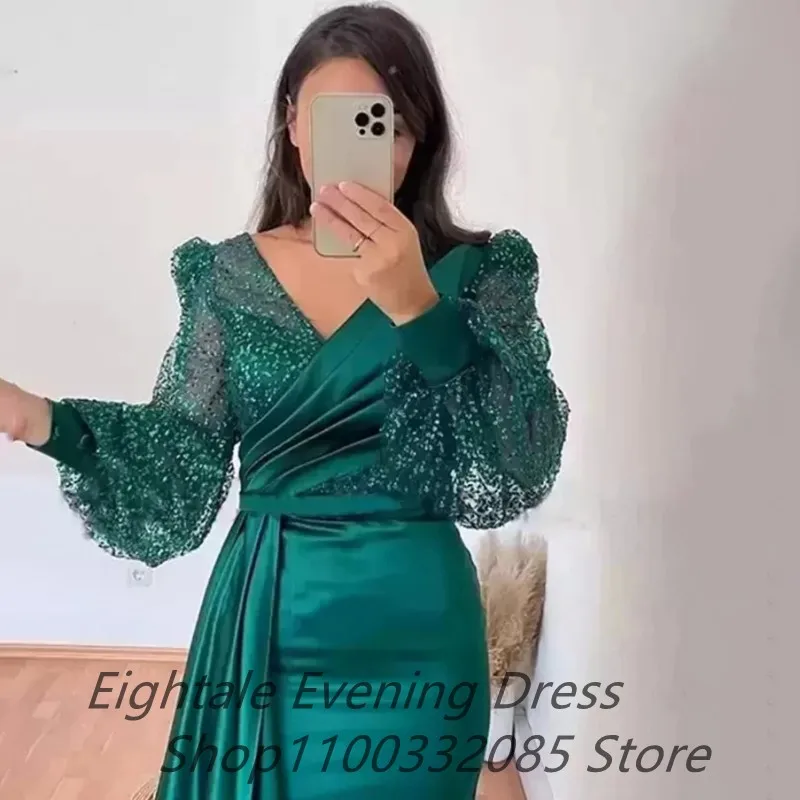 Dark Green Mermaid Satin Evening Dresses Long Sleeves V Neck Sparkly Sequins Custom Made Plus Size Prom Party Gown vestidos