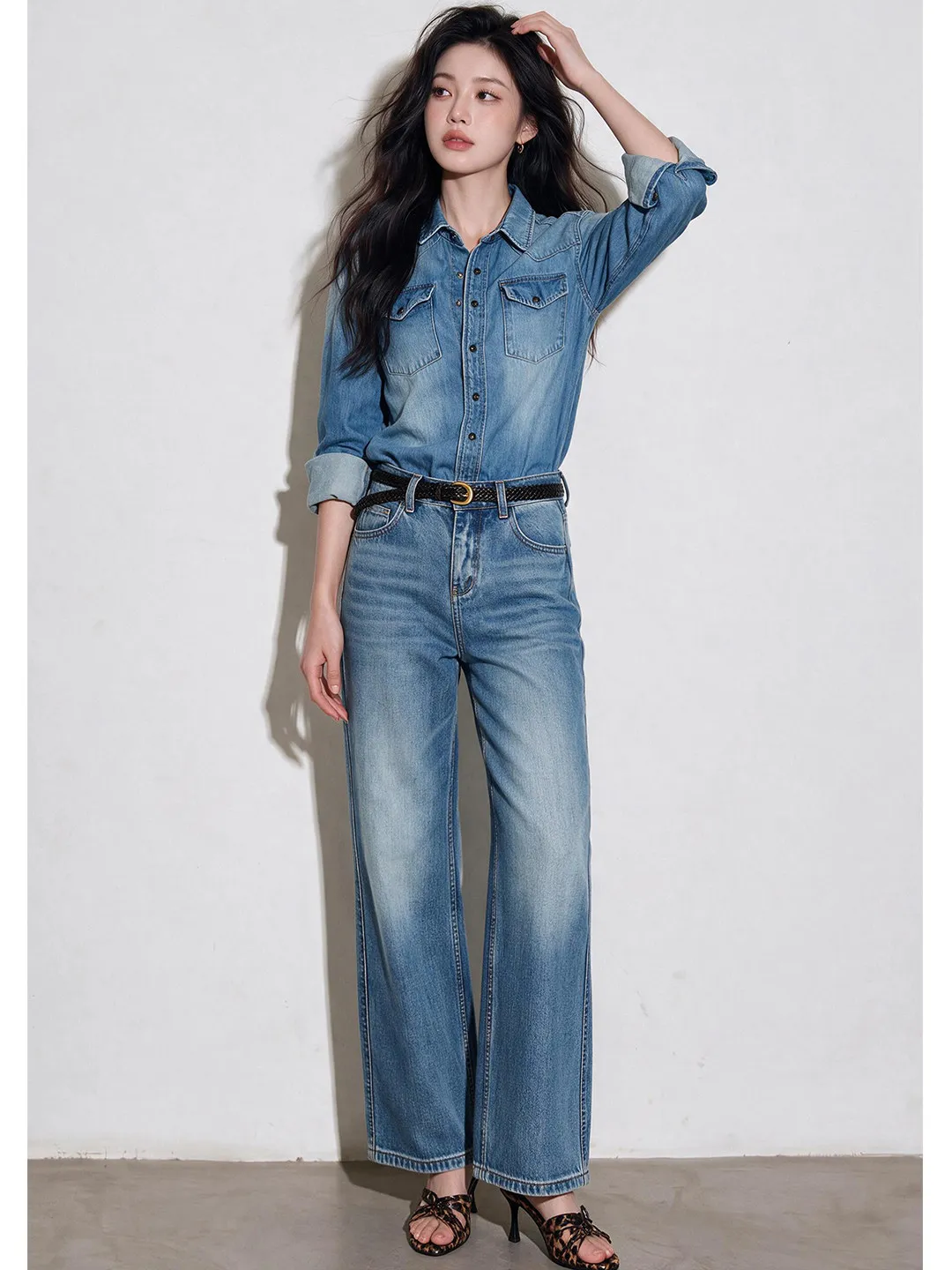 Elegant Vintage Denim Set Women's Autumn 2026 Fashion Slimming Shirt Wide Leg Pants Two Piece Set Korean Style Loose Fit