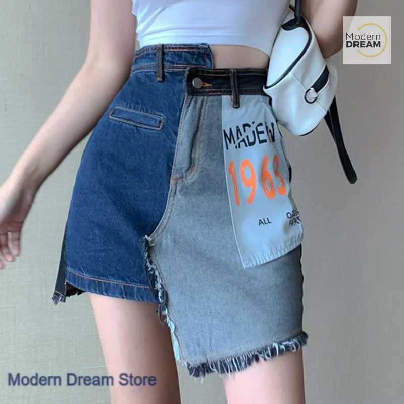American style stitching irregular sexy split A word high waist slim denim bag hip skirt female summer spice girl casual skirt