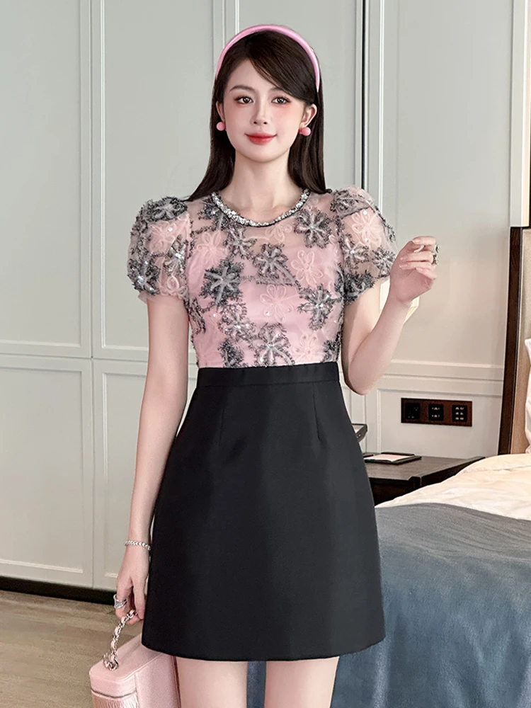 Celebrtiy Sweet Prom Dress Women's Exquisite Pink Bright Shiny Sequins Sheer Lace Mesh Fake 2 Piece Gown Birthday Party Vestidos