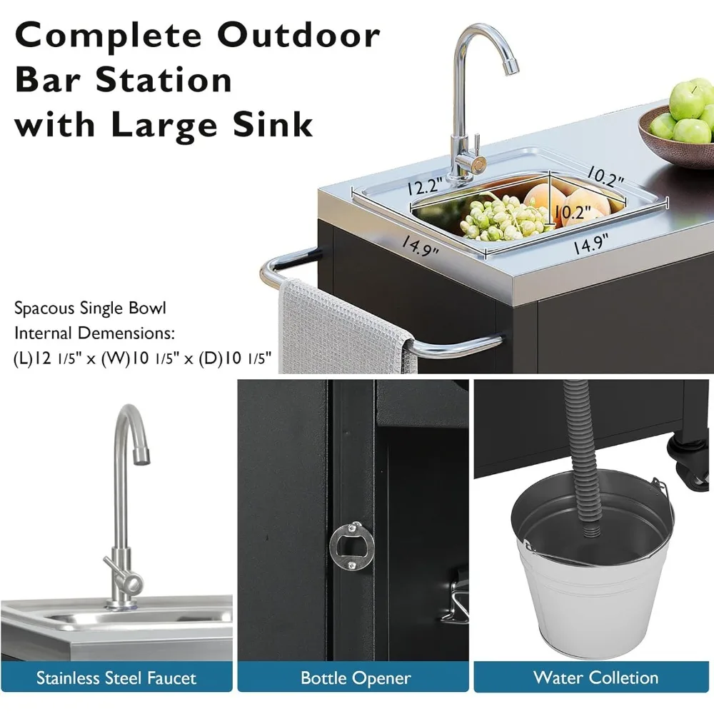 Кухонный остров "55,5" на открытом воздухе с раковиной — столешница и колеса из нержавеющей стали, мобильная тележка для гриля и бара"