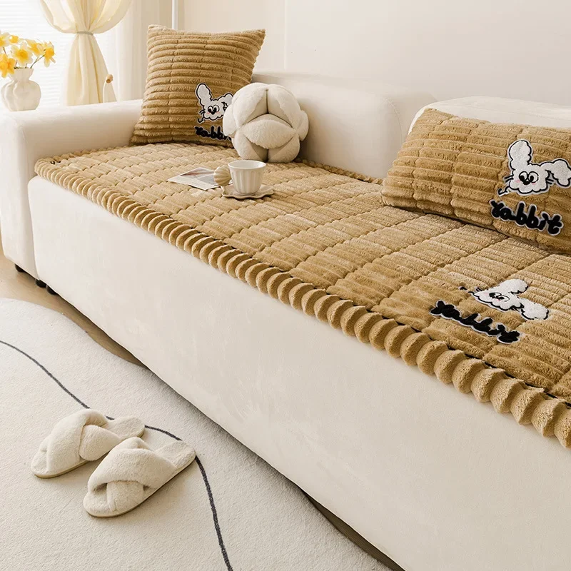 Simple Flannel Rabbit Sofa Cushion Winter Solid Plaid Non-Slip Sofa Cover for Living Room Comfort Thickened Warm Recliner Cover