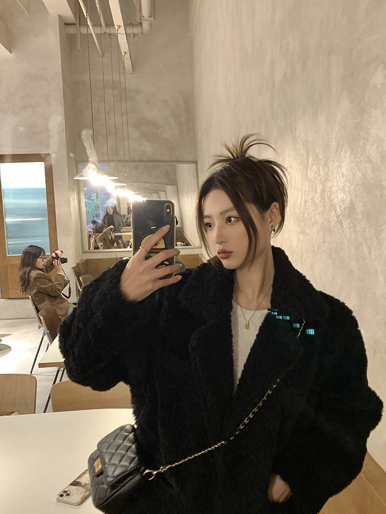

Lamb Wool Jacket Women Woman Clothes Flared Bottom Stylish Silhouette Feminine Design Fashion Forward Wide Hem Detail Elegant GF