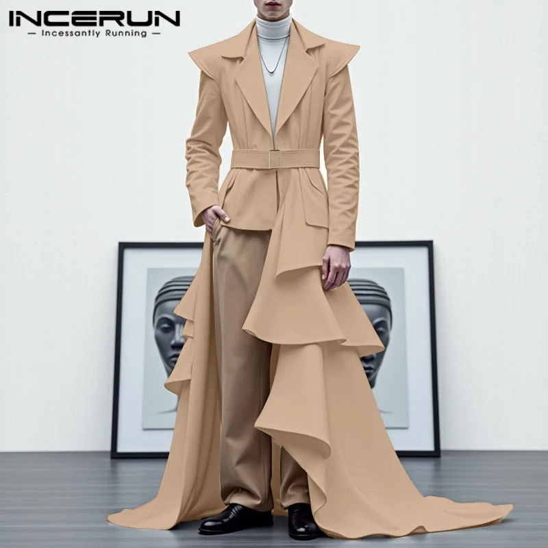 INCERUN Men Irregular Blazer Streetwear Lapel Long Sleeve Ruffle Elegant Fashion Long Style Blazer 2025 Casual Men's Coats S-5XL